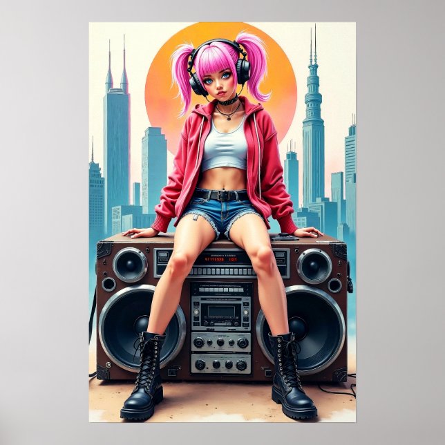 Affiche Fille sur un magnétophone vintage (Devant)