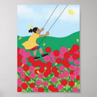 Affiche Fille sur une balançoire avec des fleurs