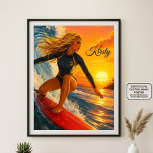 Affiche Fille surfeuse Coucher de soleil Nom personnalisé