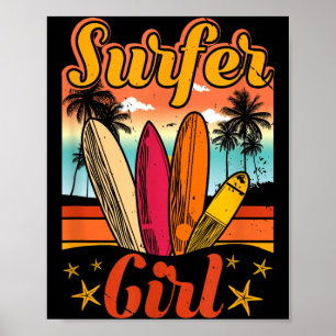 Affiche Fille surfeuse plage rétro 70s vintage surf