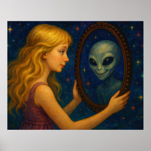 Affiche Fille surréaliste tenant un miroir avec un reflet