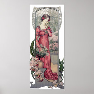Affiche Fille vintage d'Alfons Mucha avec des fleurs