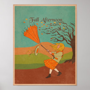 Affiche Fille vintage de vent d'automne d'automne avec le