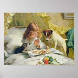 Affiche Fille Vintage en prière avec Chat & Chien Art Susp