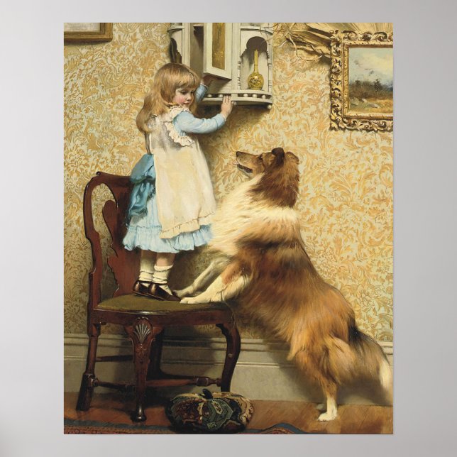Affiche Fille Vintage et Art de Chien Sheltie Lieu Secret (Devant)