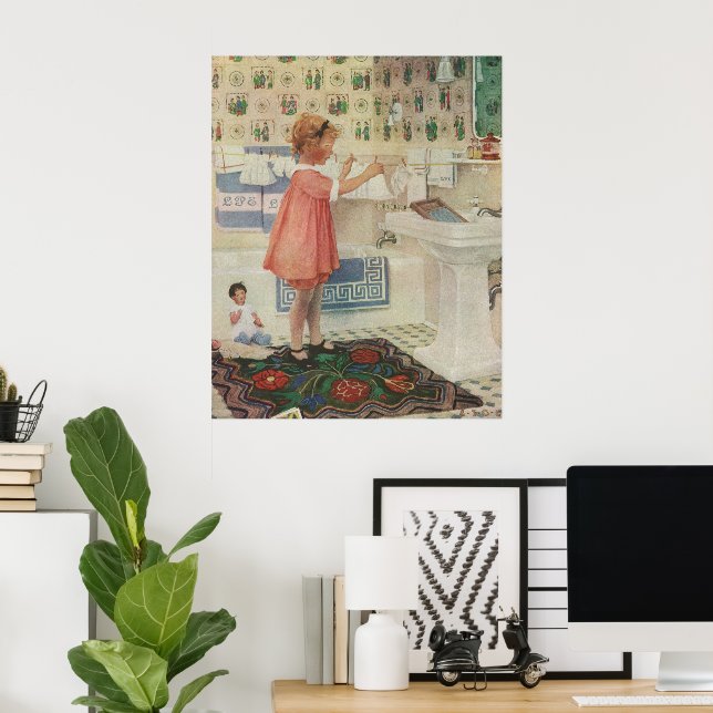 Affiche Fille vintage, Lave-linge Linge (Bureau à domicile)