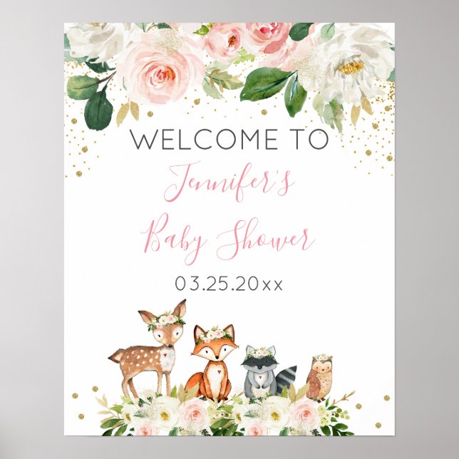 Affiche Fille Woodland Baby shower Blush Floral Bienvenue (Devant)
