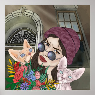 Affiche Filles avec chats Imprimer, Papier d'affiche de va
