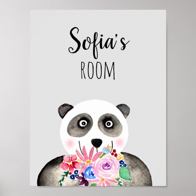 Affiche Filles Belles Fleurs Aquarelle Panda et Nom (Devant)