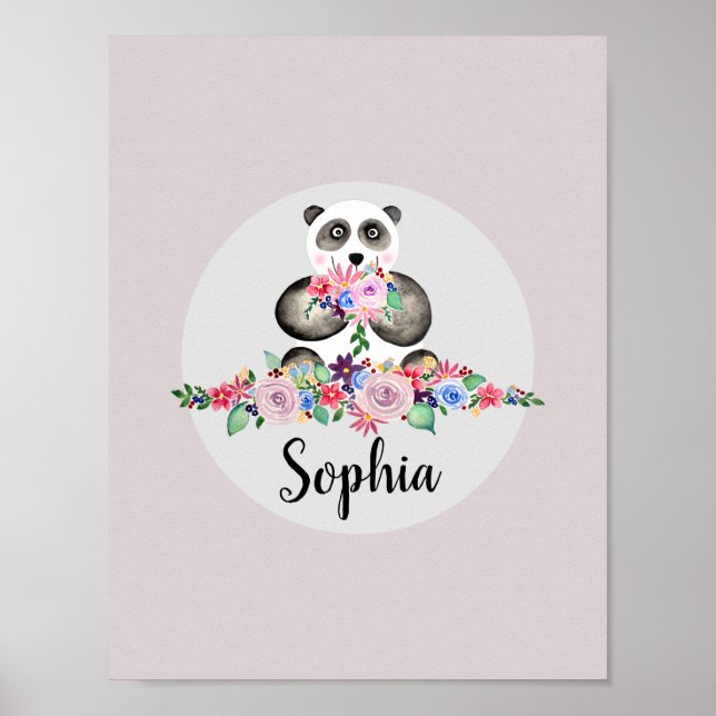 Affiche Filles Belles Fleurs Aquarelle Panda et Nom (Devant)