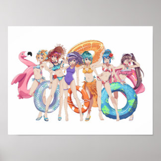 Affiche Filles d'anime de plage en groupe d'été