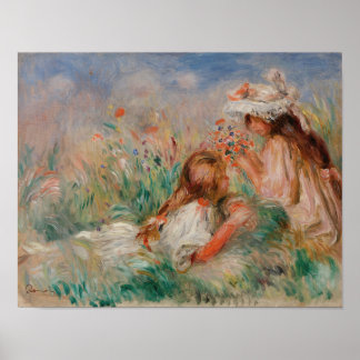 Affiche Filles dans l'herbe arrangeant un bouquet impressi