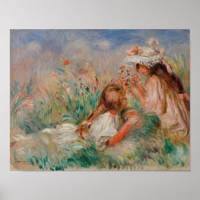 Affiche Filles dans l'herbe arrangeant un bouquet impressi (Devant)