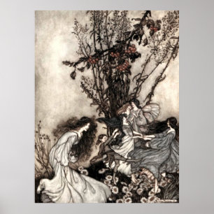 Affiche Filles de danse vintage dans le jardin par Rackham