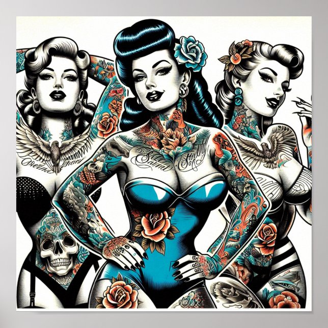 Affiche Filles de tatouage vintages (Devant)