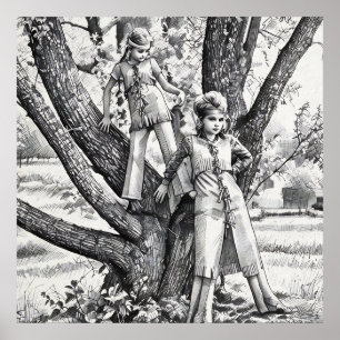 Affiche filles des années 1970 Sœurs jouant dans l'arbre d