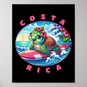 Affiche Filles du Costa Rica Mignon Surfant Tortue de mer