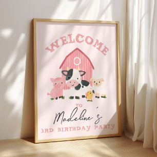 Affiche Filles Ferme Animaux Rose Enfants Anniversaire Bie