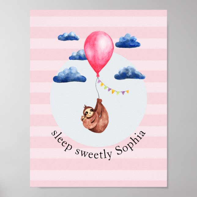 Affiche Filles Mignon Ballon Rose Paresseux Animal et Nom  (Devant)