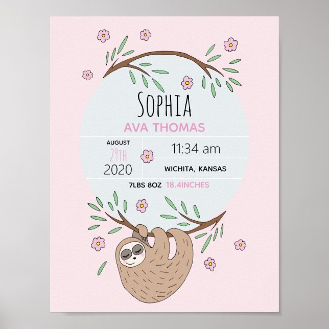 Affiche Filles mignonne couchage Sloth Stats de naissance  (Devant)