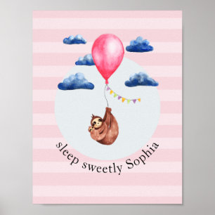 Affiche Filles mignonnes Balloon rose Sloth Animal et nom