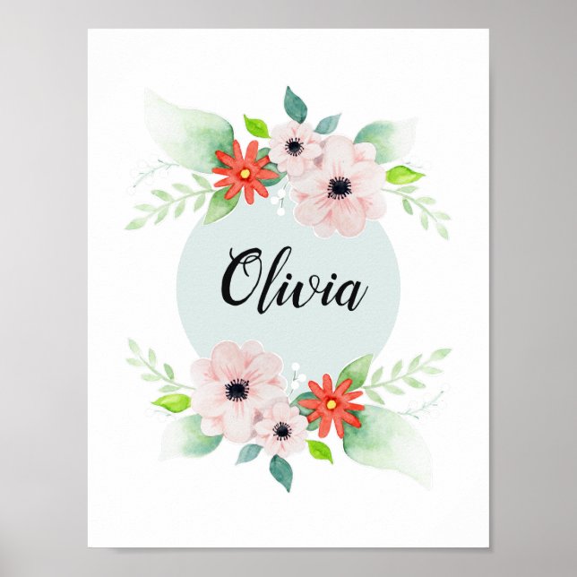 Affiche Filles mignonnes fleurs d'aquarelle et nom (Devant)