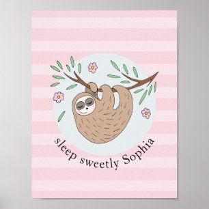 Affiche Filles Mignonnes Sloth Dormant Animal et Nom Enfan