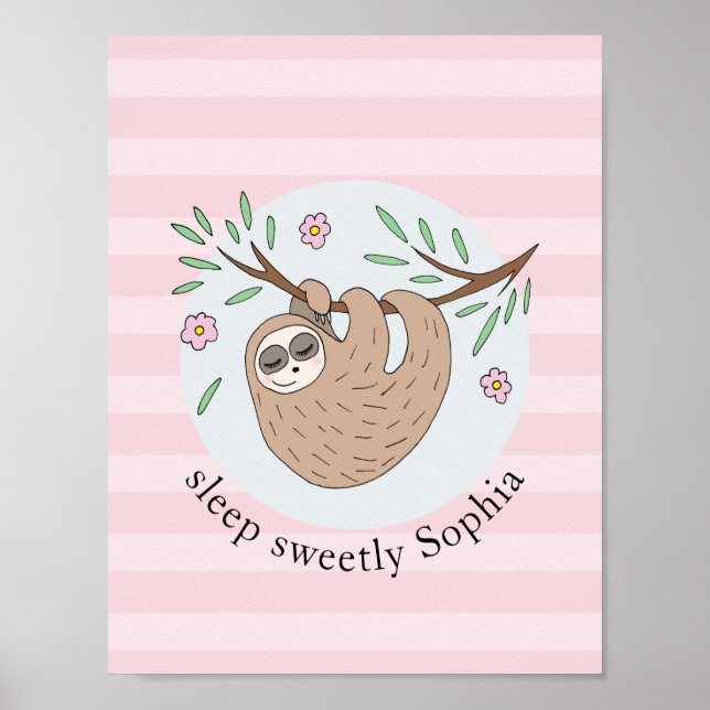 Affiche Filles Mignonnes Sloth Dormant Animal et Nom Enfan (Devant)