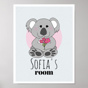 Affiche Filles Ourson Koala Mignon Dessin Animé & Nom Cham