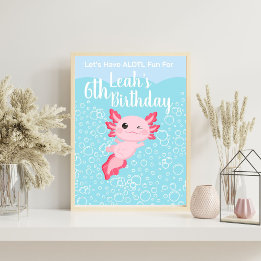 Affiche Filles roses mignonnes Axolotl fête d'anniversaire
