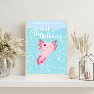 Affiche Filles roses mignonnes Axolotl fête d'anniversaire