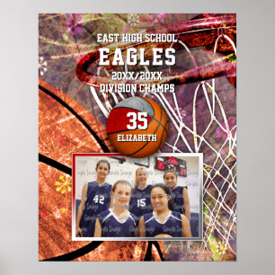 Affiche filles rouge gris équipe couleurs photo basketball