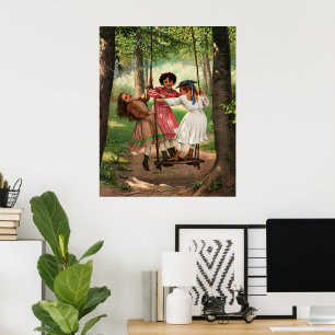 Affiche Filles victoriennes vintage sur balançoire de forê