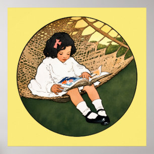 Affiche Fillette Vintage Lisant dans un Hamac
