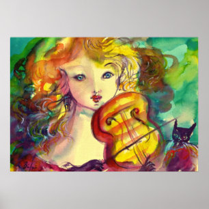 AFFICHE FILLETTE VIOLONISTE, VIOLON ET CHAT