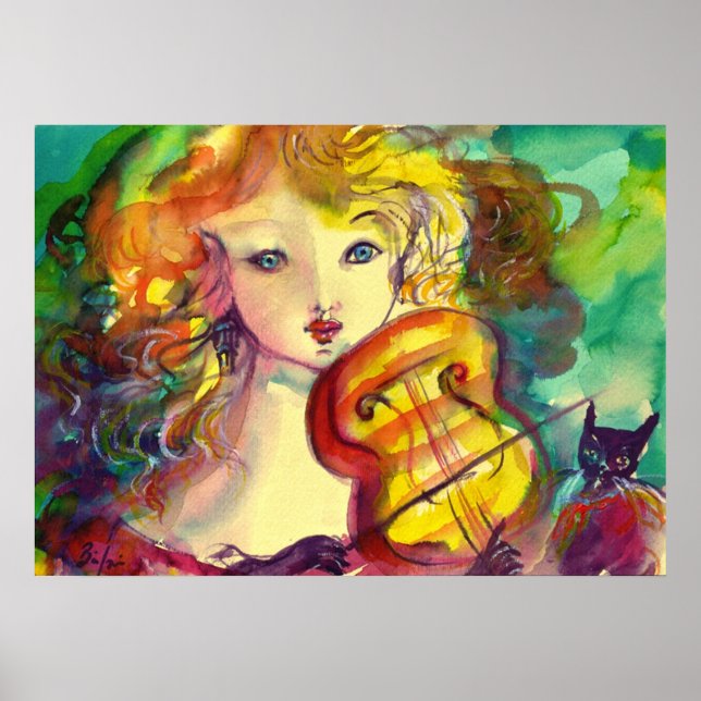 AFFICHE FILLETTE VIOLONISTE, VIOLON ET CHAT (Devant)