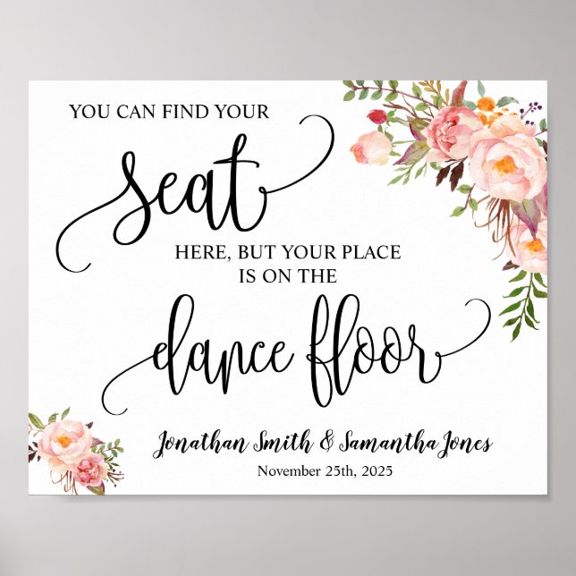 Affiche Find your seat wedding reception pink floral sign (Devant)