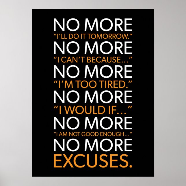 Affiche Fini Les Excuses - Gym, Hustle, Succès, Motivation (Devant)