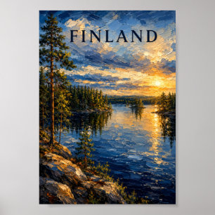 Affiche Finlande : souvenir artistique du lac au coucher d