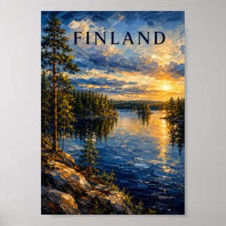 Affiche Finlande : souvenir artistique du lac au coucher d