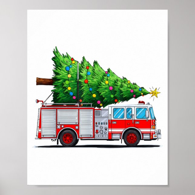 Affiche Fire Truck Christmas Tree Xmas Lights Firefighter  (Devant)