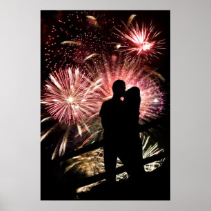 Affiche Fireworks Couple Kissing Silhouette