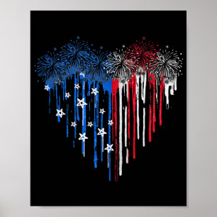 Affiche Fireworks Drit Coeur Drapeau américain Patriotique