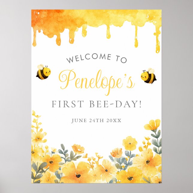 Affiche First Bee Day 1st Birthday Welcome Sign (Devant)