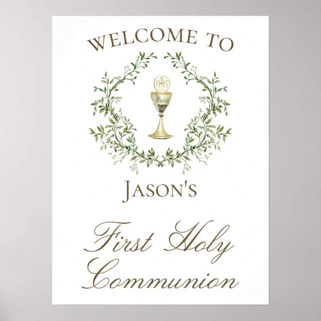 Affiche First Communion chalice crest greenery (Devant)