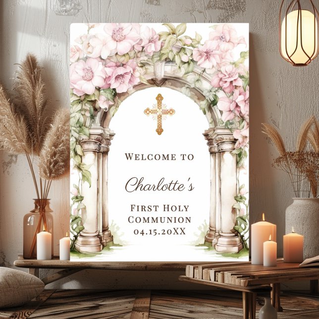 Affiche First Communion Pink Florals Arch Cross Welcome (Créateur téléchargé)