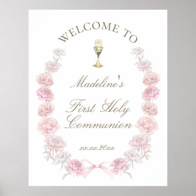 Affiche First Communion pink peonies welcome (Devant)
