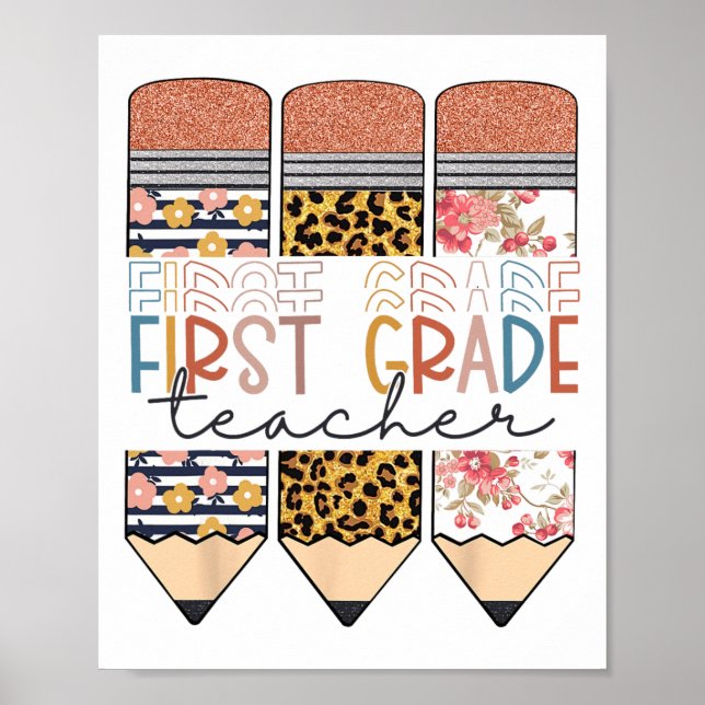 Affiche First Grade Teacher Leopard Pencil Happy First Day (Devant)