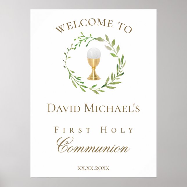Affiche First Holy Communion green wreath welcome (Devant)