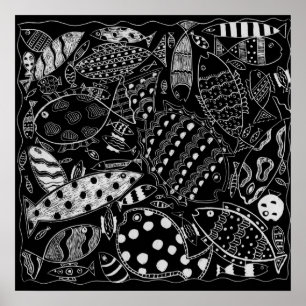 Affiche Fish Pattern Black And White Modern Art Print